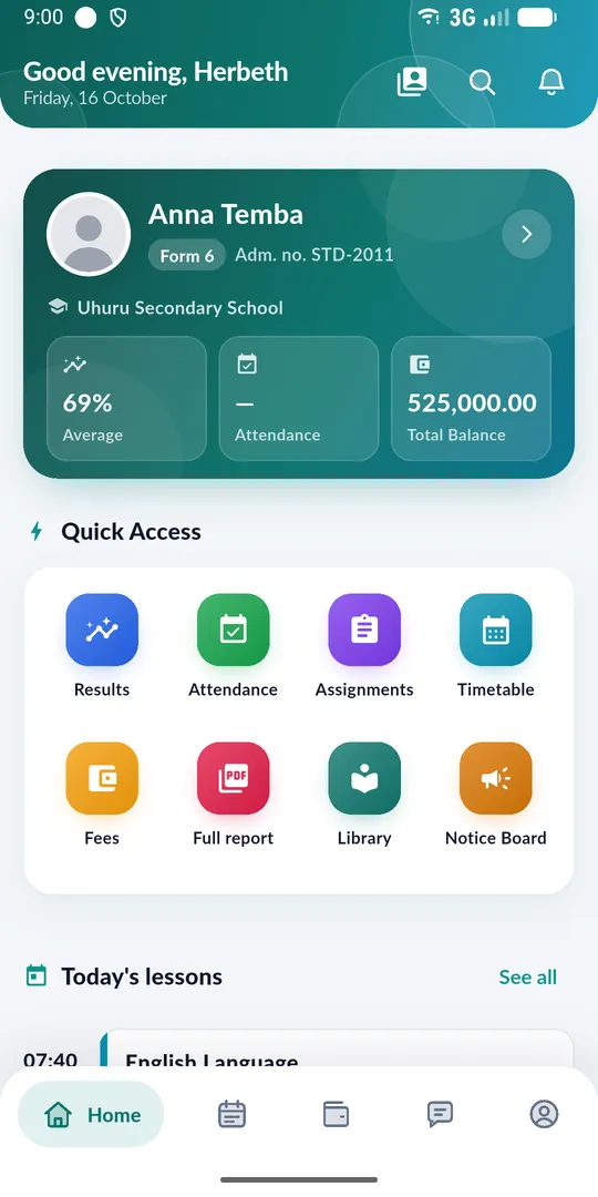 ShuleHand app — Parent home