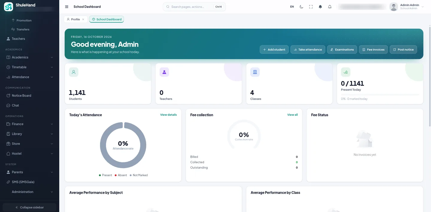 ShuleHand web — School dashboard