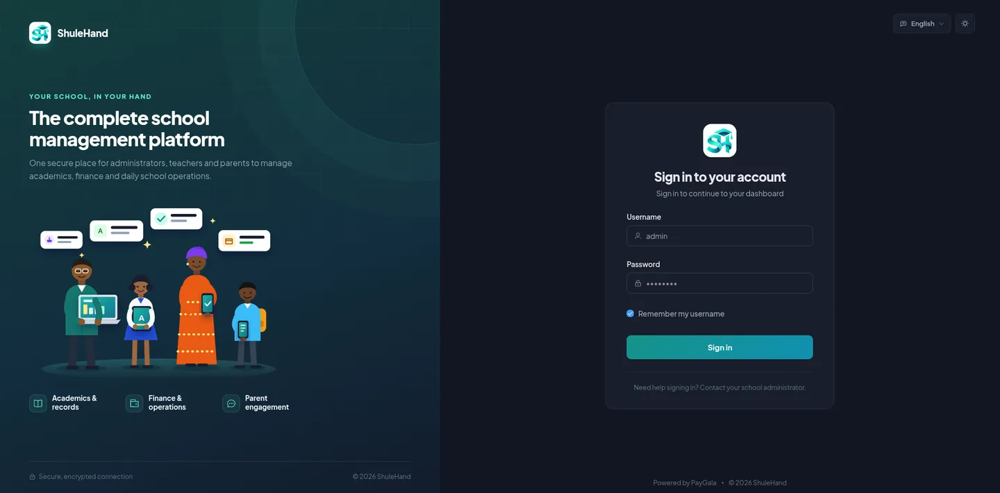 ShuleHand web — Sign-in (dark)