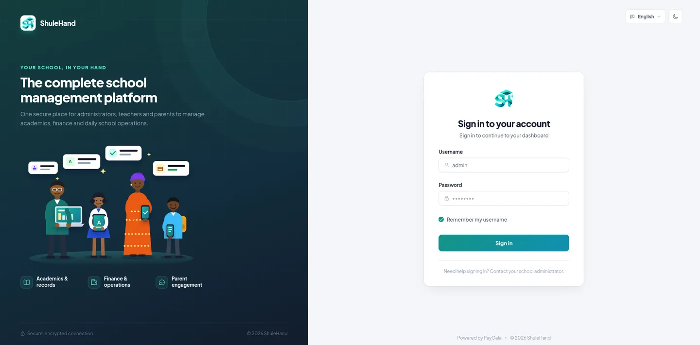 ShuleHand web — Secure sign-in