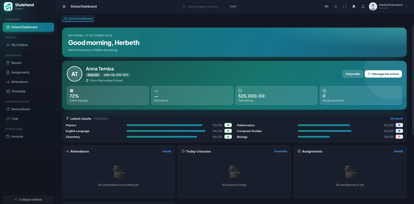 ShuleHand web — Parent home