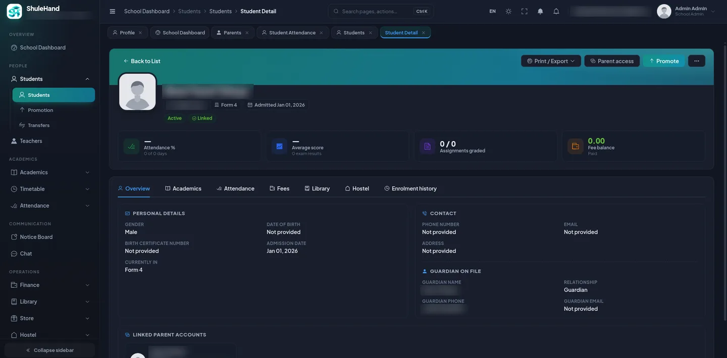 ShuleHand web — Dark mode