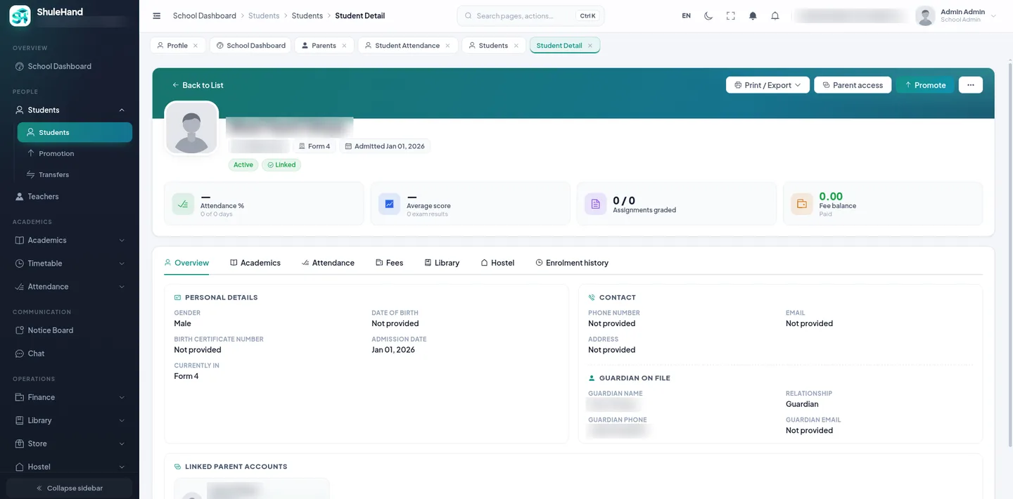 ShuleHand web — Student profile
