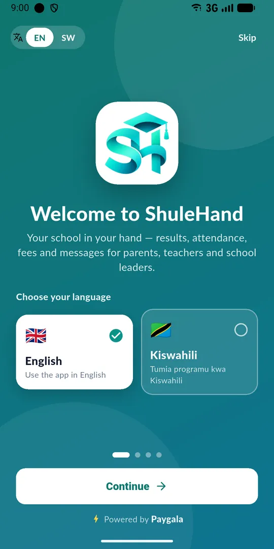 ShuleHand app — English or Kiswahili